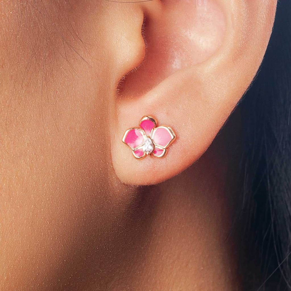 Anting Stud Emas 7k - Pink Orchid Gold Earring - With Love Collection - Cassandra Lee x Juene Jewelry - Juene