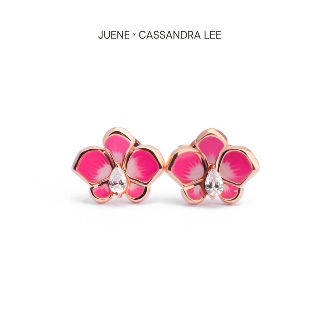 Anting Stud Emas 7k - Pink Orchid Gold Earring - With Love Collection - Cassandra Lee x Juene Jewelry - Juene
